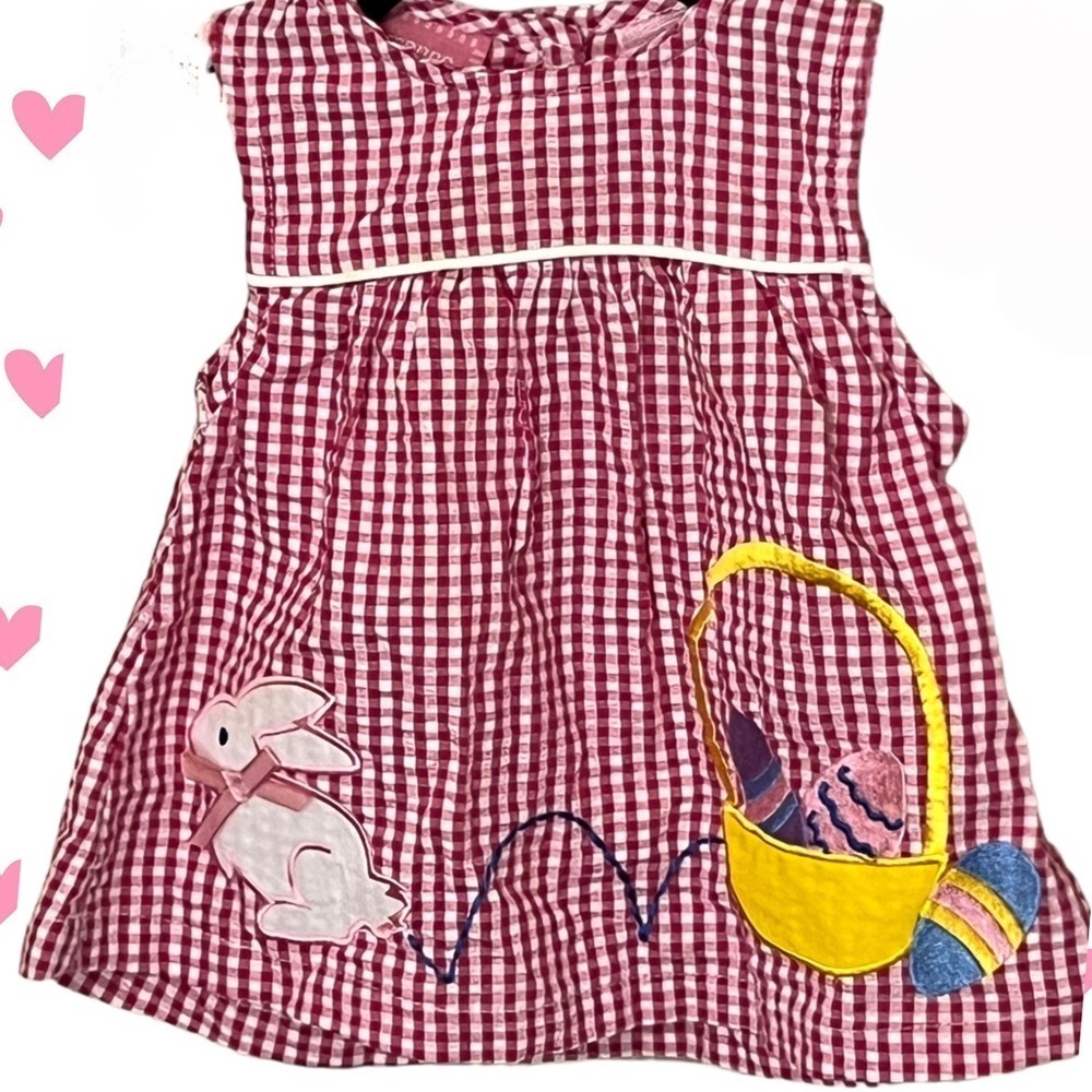 Ellemenno Dark Pink & White Gingham Infant Easter Bunny Dress 6-9 Months